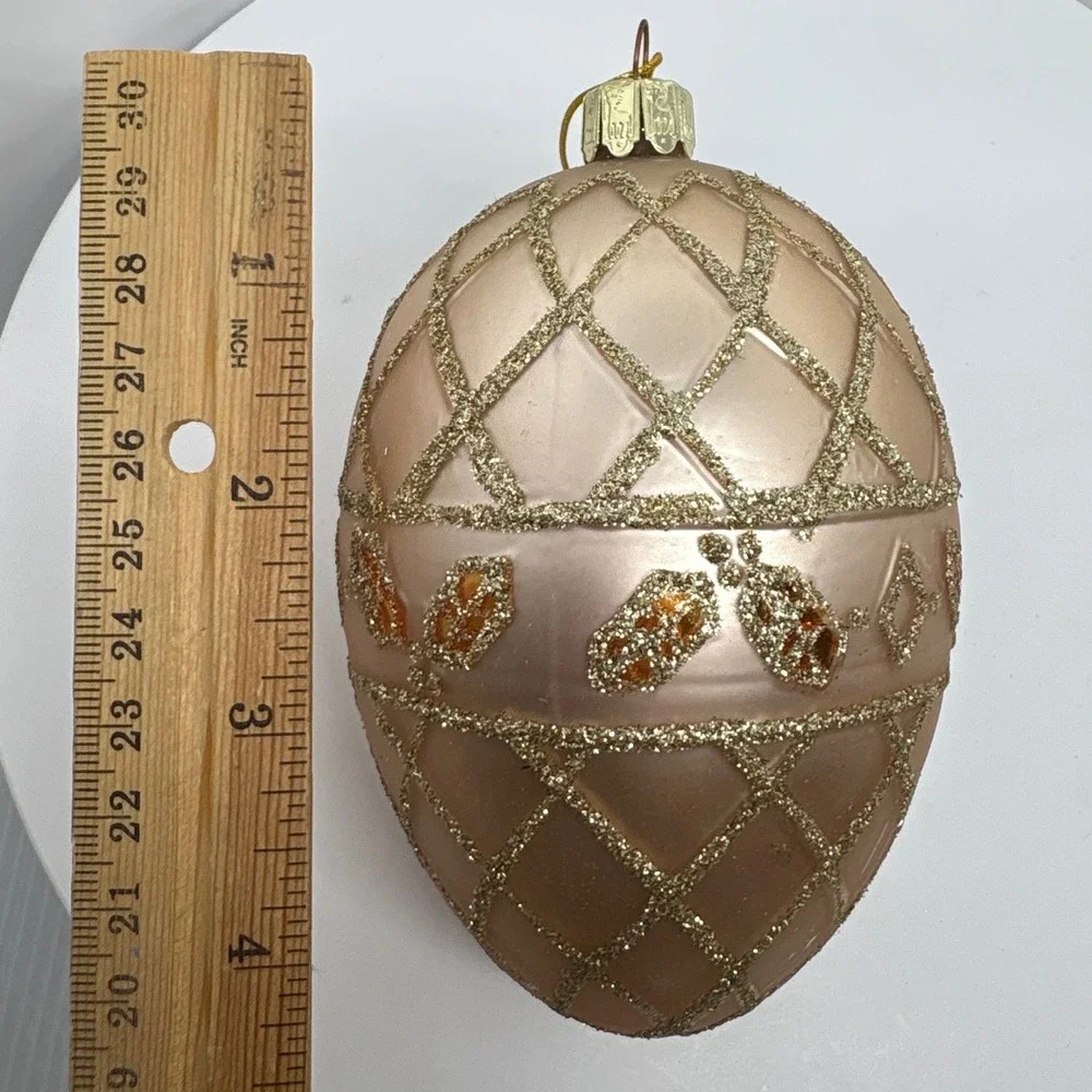 Champagne Pink‎ Blown Glass Egg Christmas Ornament Gold Glitter Trellis 4